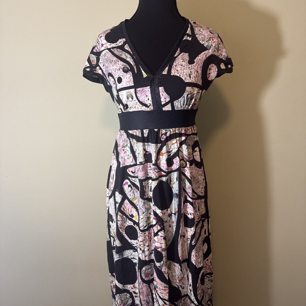 Vintage Matilda Womens Dress Maxi Colorful Print Short Sleeve W/‎ Stretch Size S